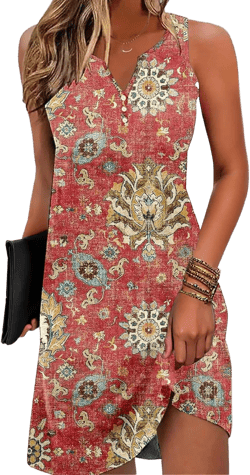ETCYY Womens Sundresses for Beach Dress Vacation 2025 Boho Floral Printed Casual Button V Neck Sleeveless Summer Dresses X-Large Flower Carpet Red