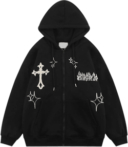Unisex Zip Up Hoodies Y2k Flame Print Aesthetic Oversized Sweatshirt Vintage Graphic Jackets Streetwear Large Black