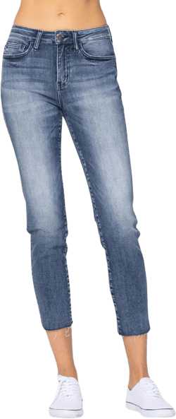 Judy Blue High Waist Relaxed Fit Jeans for Women - Raw Hem Denim with Stretch – 88191 13 Dk