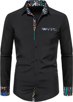 African Shirts for Men Dashiki Shirt Long Sleeve Casual Button-Down Shirts Slim Fit Patchwork Button up Shirts Medium Black