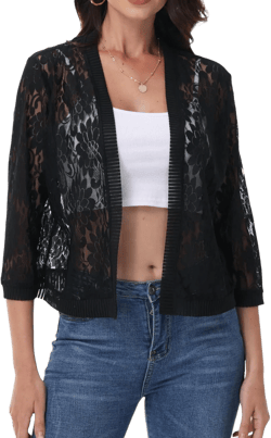 3/4 Sleeve Lace Cardigan for Women Open Front Floral Crochet Bolero Shrug Summer Beach Cover Ups Lace Top Black Small