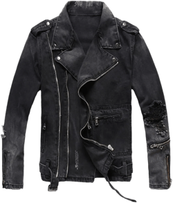 Men's Denim Biker Jacket，Vintage Black Gray Spliced Ripped Hip Hop Coat