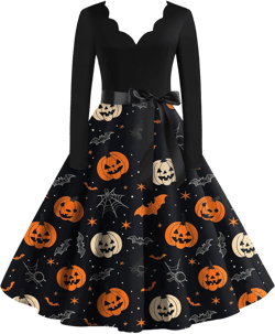 FlekmanArt Black Dresses for Women V Neck A-Line Dress Long Sleeve Halloween Fun Printed Tunic Dress Fall Dressy Dresses