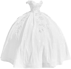 Long Prom Dress Off The Shoulder Quinceanera Dresses Ball Gown Tulle 3D Hand Made Flowers Sweet 16 Dresses 2 White