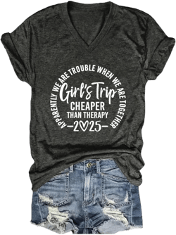 FORHVIPS Girl's Trip 2025 Shirts for Women Short Sleeve Funny Travel T Shirt V Neck Summer Vacation Graphic Tees Tops XX-Large Dark Grey