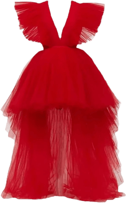 Dydsz Women's Deep V Neck High Low Prom Dresses Puffy Tulle Party Dress Cocktail Gown 6 Red2