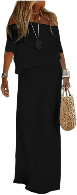 Akivide Women's Off Shoulder Wedding Guest Maxi Dress Elastic Waist Cocktail Flowy Boho Beach Vacation Dress Black X-Large