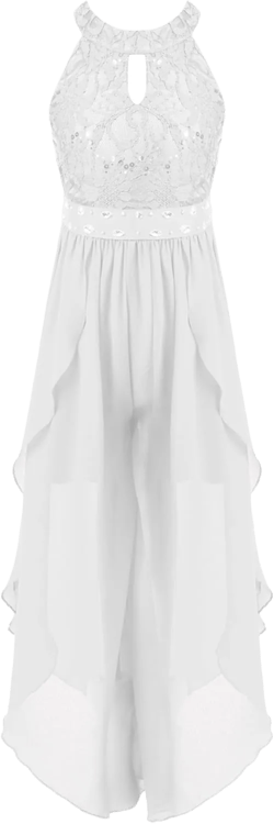 Linjinx Kids Floral Lace Flower Girls Dress Halter Neck Jumpsuit with Chiffon Skirt Wedding Pageant Evening Party Dress 8 Years White a