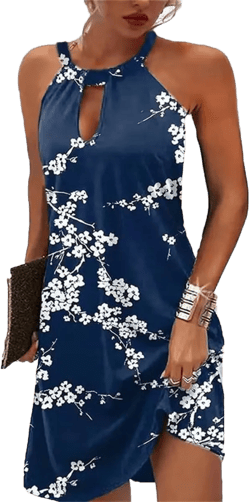 Women Summer Sleeveless Halter Neck Dresses 2025 Casual Floral Print Dress Sun Dresses for Party Beach Vacation X-Large Royal Blue Mixed Plum