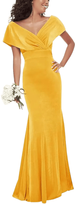 Wchecalino Women's Velvet Bridesmaid Dresses Long Mermaid Wrap Off The Shoulder Formal Evening Party Dress Yellow 4