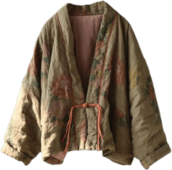LUZU JUNU Women's Floral Printed Short Quilted Jacket Open Front V-Neck Shawl Collar Drop Shoulder Vintage Outwear