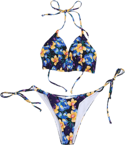 Retro Floral Printed Swimsuits Womens V-Neck Ruched Bikini Sets Push Up Bathing Suit Strappy Backless Sexy Swimwear Medium D