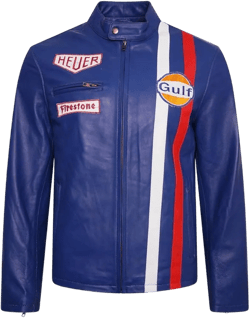 Men’s Steve McQueen Jacket Le Mans Multi Colors Gulf Stripes Racing Biker Leather Jacket X-Small Blue