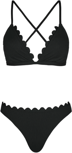 CUPSHE Women's Bikini Sets Two Piece Bathing Suit V Neck Scalloped Mid Rise Crisscross Back Self Tie Spaghetti Straps Black Small