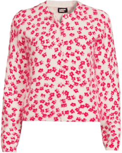 Lands' End Women's Fine Gauge Eyelash Cardigan Printed Sweater - Set Top - Medium - Light Rose/Berry Rouge Floral