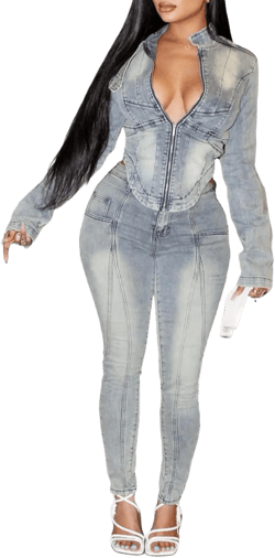 LROSEY Fall Sets Women Denim 2 Piece Outfits Distrssed Long Sleeve Zip Up Jacket and High Waisted Jeans with Pockets