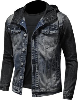Men's with Hood Denim Jacket Button Drawstring Jean Men Jackets Lightweight Hooded Outdoor Cowboy Coat Blue Medium