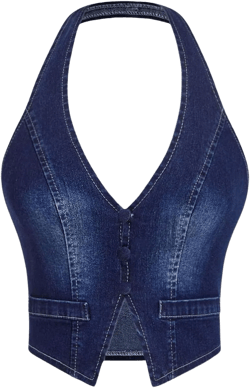 OYOANGLE Women's Vintage Sleeveless Halter Denim Top Button Front Slit Hem Fitted Jean Vest Tops Large Dark Wash
