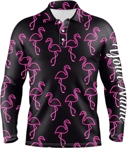Black Men Women Golf Polo Shirt Neon Pink Flamingos Pattern Custom Name Team Flamingo Golf Polo Shirts Small-5X-Large Long Sleeve Polo Shirt