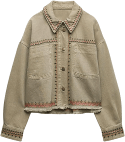Womens Embroidered Overshirt Western Denim Jacket Cropped Shirt Jacket Small Khaki