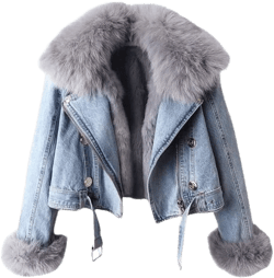 Women's Denim Jacket with Faux Fur Collar, Light Blue Wash, Gold Button Details