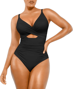 SHAPELLX Tummy Control Swimsuits Women V Neck One Piece Bathing Suit Ruched Push Up Slimming Swimwear Built-in Bra Black Large