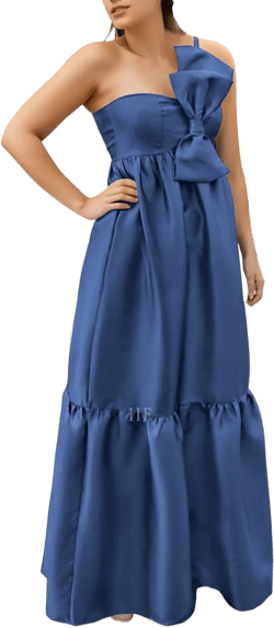 IIF Women's One Shoulder Bridesmaid Dresses with Bow Long Prom Dress Satin Formal Maternity Dresses IIF142 18 Plus Dusty Blue