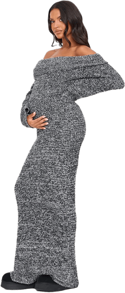 Maternity Grey Boucle Knit Long Sleeve Bardot Maxi Dress