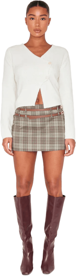 Dark Green Plaid Printed Double Belt Tailored Mini Skirt