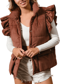 Womens Corduroy Puffer Vest Ruffle Sleeve Winter Snap Button Coats Padded Gilet with Flap Pockets Brown X-Small