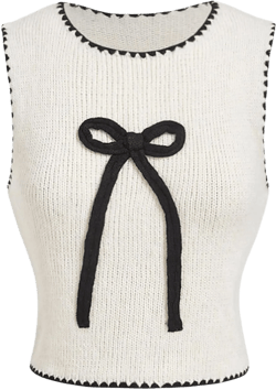 Women's Bowknot Crop Sweater Vest Round Neck Sleeveless Pullover Knit Tank Tops Black and White Medium