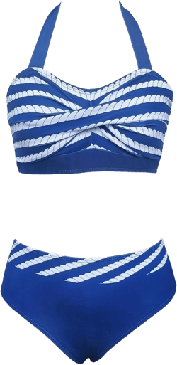 Two Pieces Bikini Sets for Women Striped and Dot Pattern Twist Front Halter Neck Bathing Suit Beach Vacation Outfit Blue X-Large
