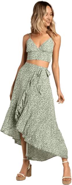 Summer Romance Sage Green Floral Print Two-Piece Midi Dress