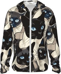 Siamese Cat Blue Eyes Pattern Sun Protection Zip Up Hoodie Lightweight Jacket, Long Sleeve Sun Shirt for Women Men
