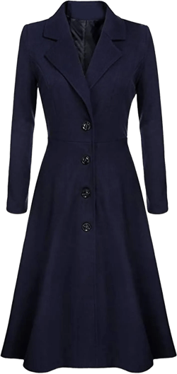 BOFETA Women's Vintage Notched Lapel Collar Wool Blend Dress Coat Swing A Line Long Solid Color Button Pea Coat Small Navy Blue