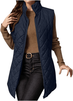 Puffer Vest Women Long Trendy Plain Sleeveless Quilted Jacket Zip Up Lightweight Warm Padded Gilet Coat Outerwear J03_navy Medium