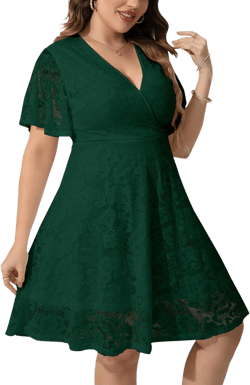 SCOMCHIC Women Plus Size Lace Cocktail Dresses Summer Wrap V Neck Short Sleeve Flowy A Line Wedding Guest Midi Dress X-Large Plus Emerald Green