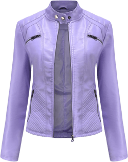 Women Solid Color Long Sleeve Coat Stand Collar Casual Jackets Zip Up Faux Leather Jacket Large Purple