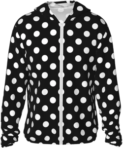 Vintage White Polka dot Black Sun Protection Zip Up Hoodie Lightweight Jacket, Long Sleeve Sun Shirt for Women Men XX-Large