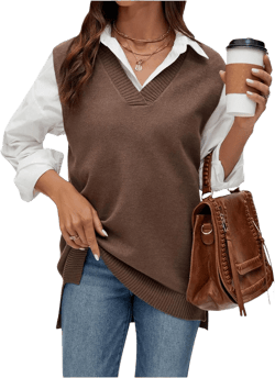 SHENHE Women's V Neck Long Sweater Vest Split Sleeveless Loose Tunic Sweater Pullover Vests Medium Brown