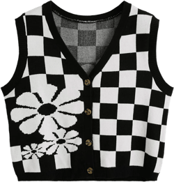 MakeMeChic Women's Floral Plaid Checkered Sweater Vest V Neck Crochet Cropped Button Down Knitted Tank Top Fall Y2K Clothes Medium Black and White