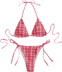 GORGLITTER Women's Gingham Bikini Y2k Plaid Checkered Halter Triangle Top and High Cut Thong Swimsuit Trendy X-Small Red and White