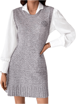 OYOANGLE Women's Casual 3D Floral Sweater Vest Dress Sleeveless Knit Pullover Sweater Vest Medium Grey