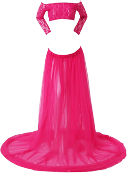2Pcs Womens Maternity Outfit Baby Shower Photography Props Lace Crop Top with Maxi Tulle Skirt Set Medium Hot Pink