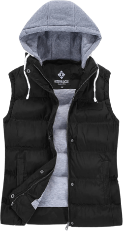 Women's Outdoor Winter Puffer Vest, Sleeveless Jacket with Padded and Detachable Hood Black X-Large