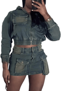 Tbahhir Denim Skirt Set 2 Piece Outfits for Women Casual Long Sleeve Denim Crop Jacket Sweatsuit Tracksuit with Pockets Light Blue Large