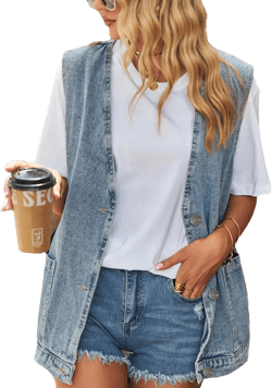 Women's Casual Denim Jean Vest Oversized Sleeveless Mid Long Button Down Jeans Jackets Vests Tops Waistcoat ﻿ Light Blue Medium
