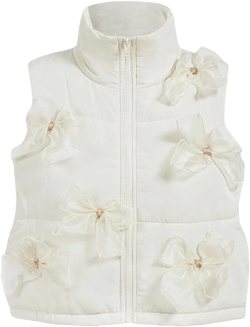 MakeMeChic Women's Bow Front Padded Vest Mock Neck Sleeveless Quilted Puffer Jacket Outerwear Small White