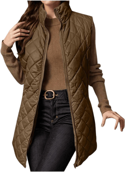 Long Puffer Vest Womens Winter Ultra Light Quilted Long Down Vest Stand Collar Full Zip Pockets Black Outerwear Vest