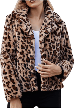 NATHGAM Women's Faux Fur Cropped Coat Leopard Print Retro Button Fluffy Bomber Jacket Lapel Loose Warm Fuzzy Fleece Overcoat